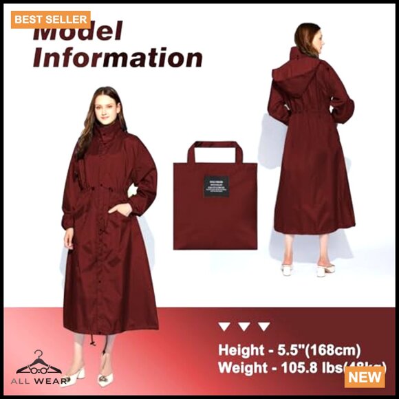 Long Hooded Raincoat Waterproof Packable Lightweight Trench Style Adjustable - Picture 5 of 7